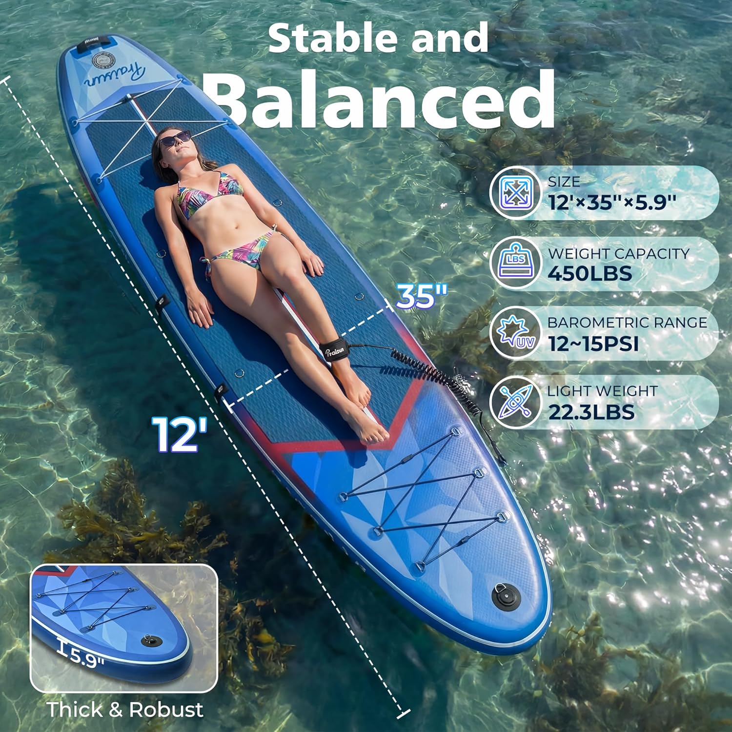 PRAISUN 12’ x 35” Inflatable Paddle Board, 450lbs Extra Wide Stand Up Paddleboard for Youth/Adults of All Skill Levels, Stable SUP with Seat & Full Kit, for Fishing, Yoga, Lake & Ocean - Image 2