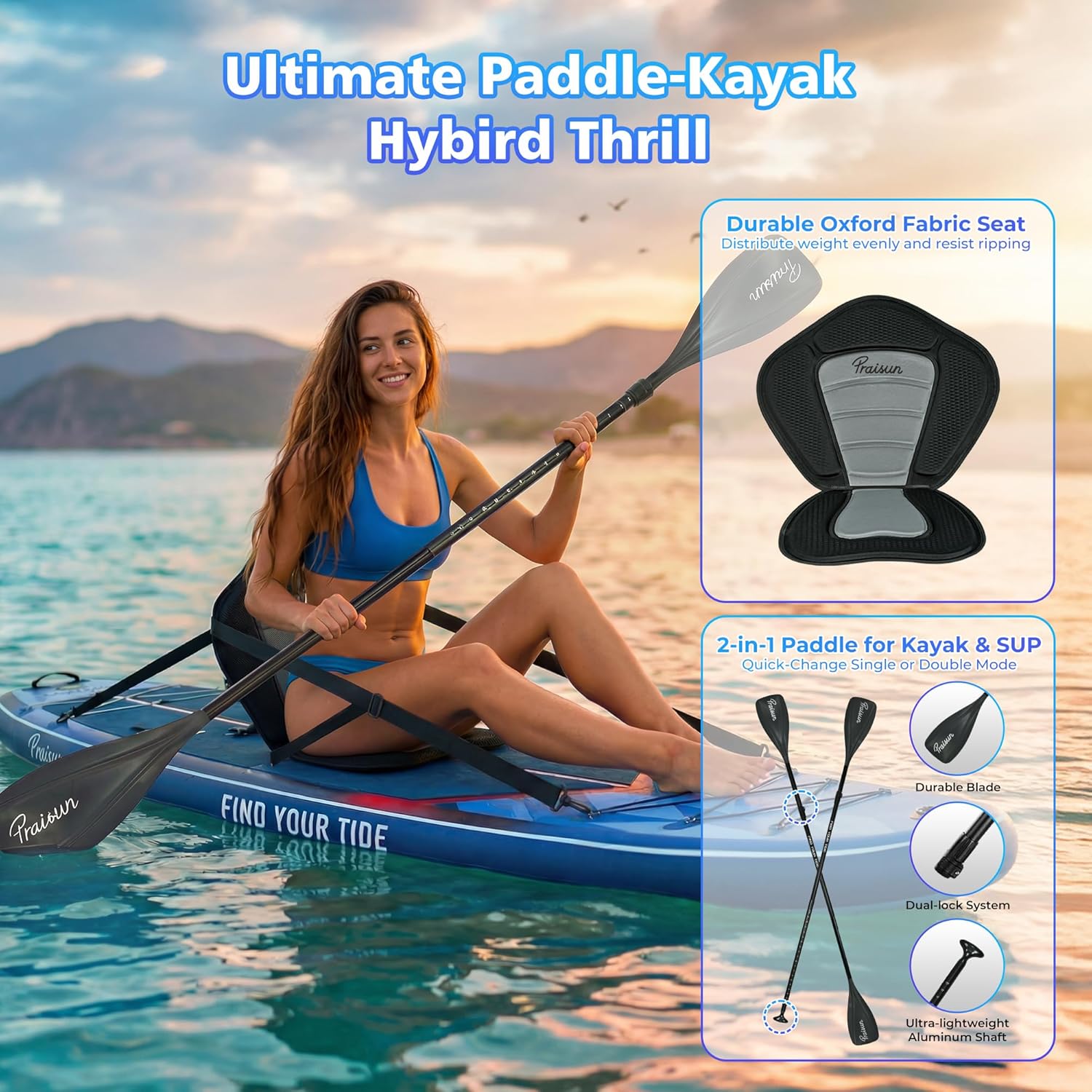 PRAISUN 12’ x 35” Inflatable Paddle Board, 450lbs Extra Wide Stand Up Paddleboard for Youth/Adults of All Skill Levels, Stable SUP with Seat & Full Kit, for Fishing, Yoga, Lake & Ocean - Image 4