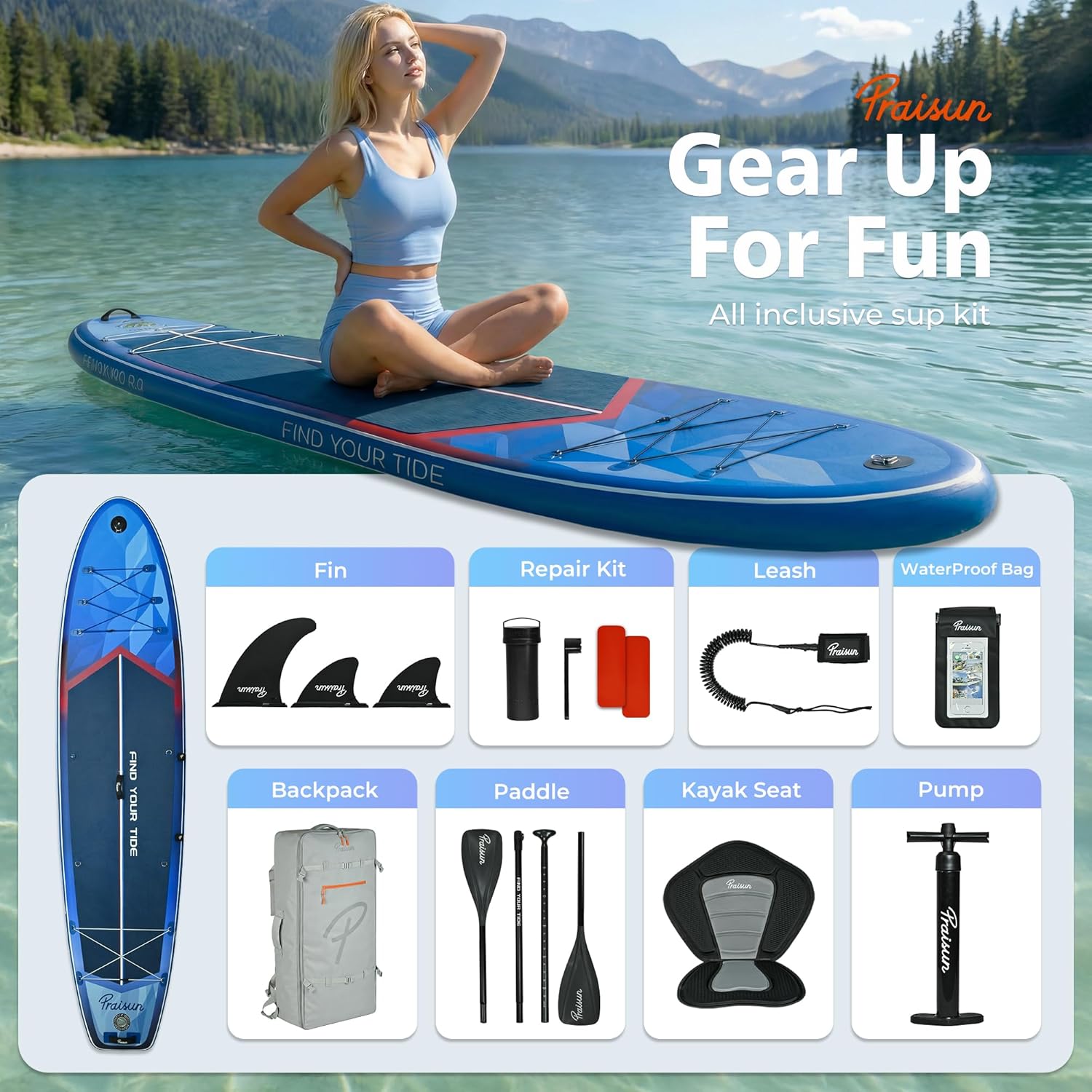 PRAISUN 12’ x 35” Inflatable Paddle Board, 450lbs Extra Wide Stand Up Paddleboard for Youth/Adults of All Skill Levels, Stable SUP with Seat & Full Kit, for Fishing, Yoga, Lake & Ocean - Image 8