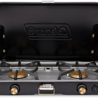 Coleman 1900 Collection 3-in-1 Propane Camping Stove, Cast Iron Grill & Griddle Accessories Included, 24,000 BTUs Across 2 Adjustable Burners with Wind Guards & Matchless Lighting